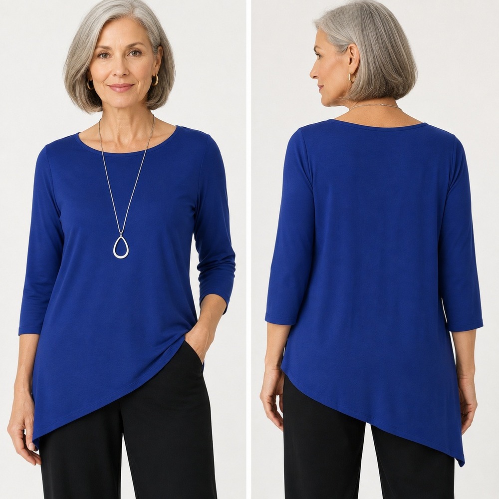 Eileen Fisher Cobalt Blue Asymmetrical Hem 3/4 Sleeve Tunic Top Minimalist SZ L